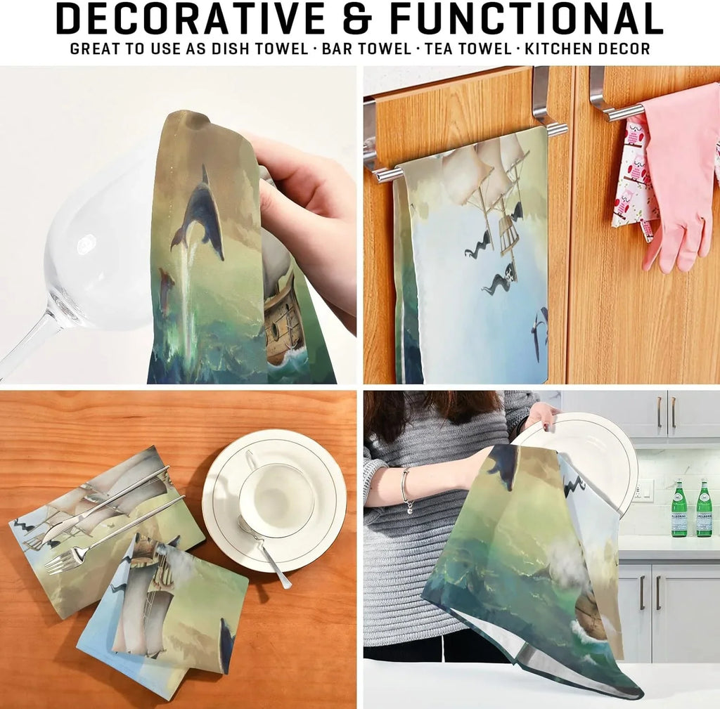 Hanging Kitchen new 6 Towels Loop, 18"x28"Lint-Free Wiping of Absorbent Dolphins Sailboat Jumping Kitchen Cloth Dish Set Towel Summer Ocean with and Tea for Cleaning Drying