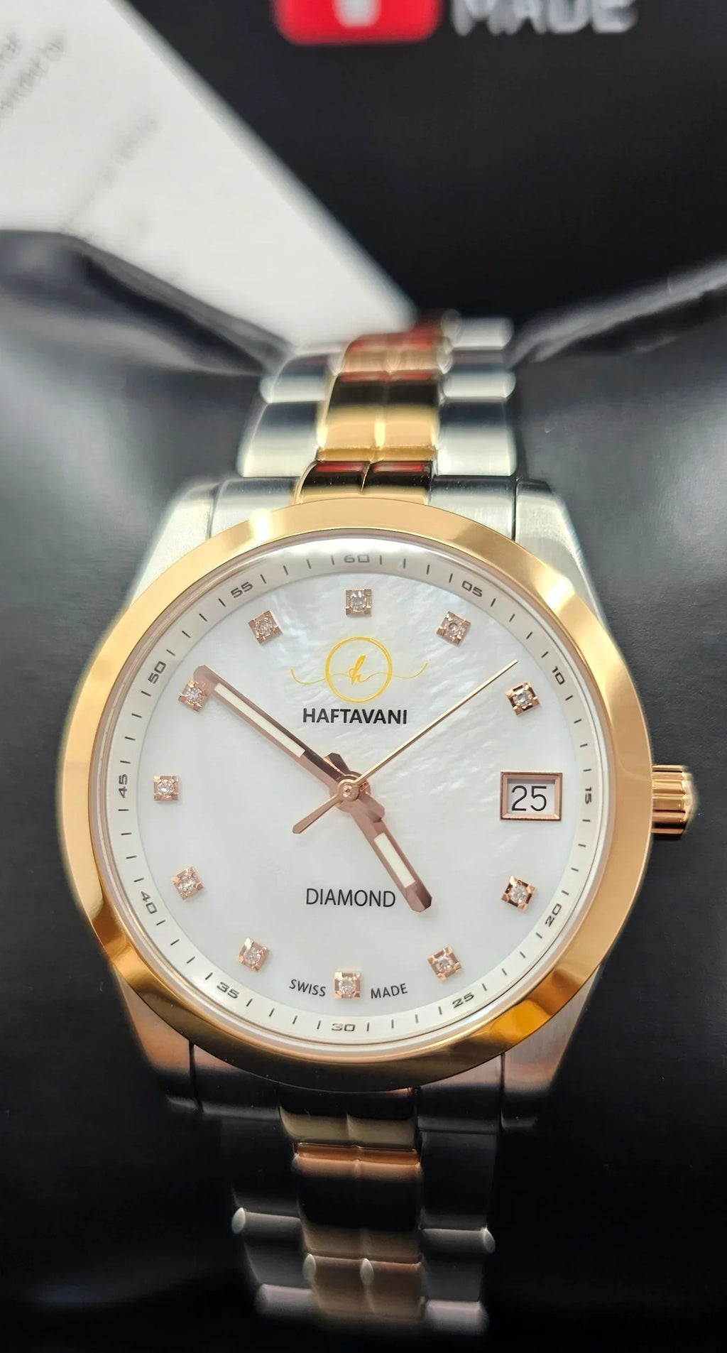 Queen Face Waterproof Made Stainless Lady Quartz Haftavani Diamond Diamonds Genuine Bicolour Marble -100M Gold Silver-Rose - Swiss Steel - With Watch –