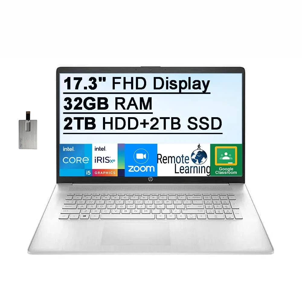 Intel HD 250 Nits 32GB Card Webcam, IPS Computer, Iris Graphics, RAM, HDD+ 2TB Laptop 2021 Keyboard, classic 32GB 2TB Xe Audio, Backlit USB FHD SSD, HD Win11, Core Intel Processor, i5-1155G7 17.3" HP Silver,