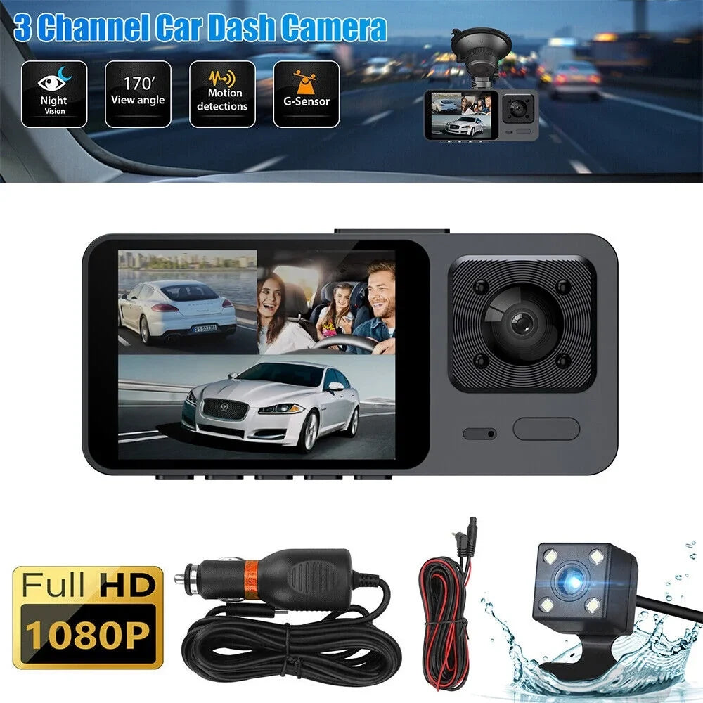 1080P high quality Video Recorder Front/Rear/Inside Lens 3 Cam HD Car Dual G-sensor Dash JLLOM Lens Camera