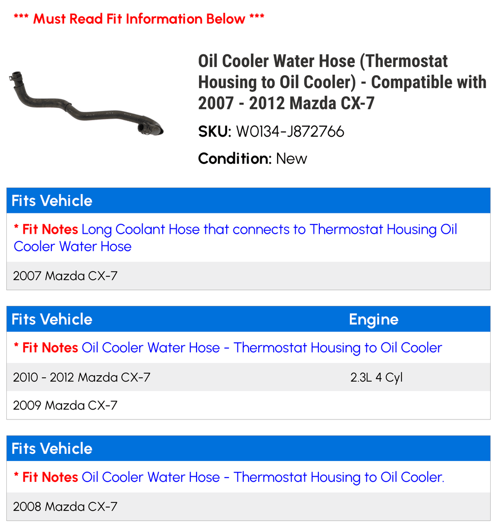 2010 2012 Cooler) Mazda 2008 Cooler Hose Compatible to - with CX-7 Water Housing 2011 - 2009 2007 (Thermostat