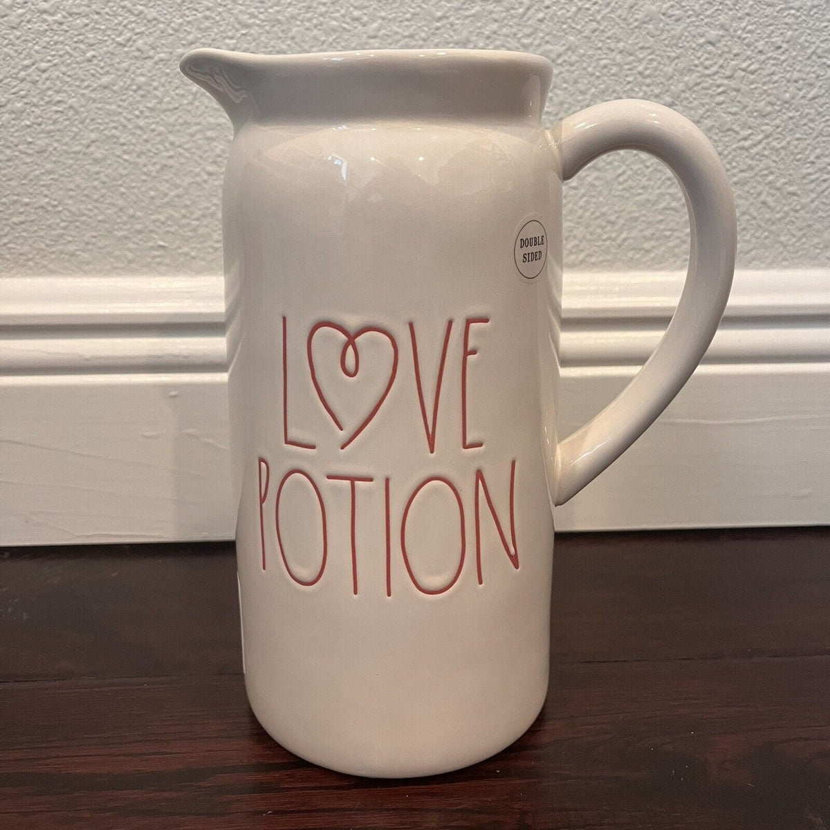 love Dunn Pitcher Reverse with side Red LL Ceramic Rae H Letters Ivory Day POTION has Double-sided LOVE Valentine's recipe for 9"