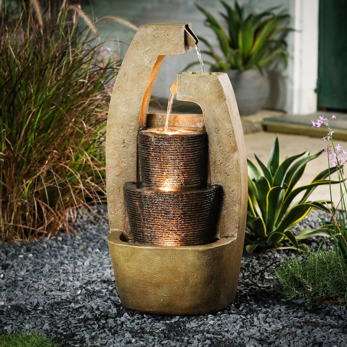 Sculpture Fountain Light Outdoor Country Brown Cement Cottage Modern HomeStock Led With