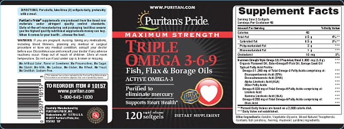 3-6-9 Triple high quality Strength Borage Puritan's Omega Fish, Oils Maximum & Flax Pride