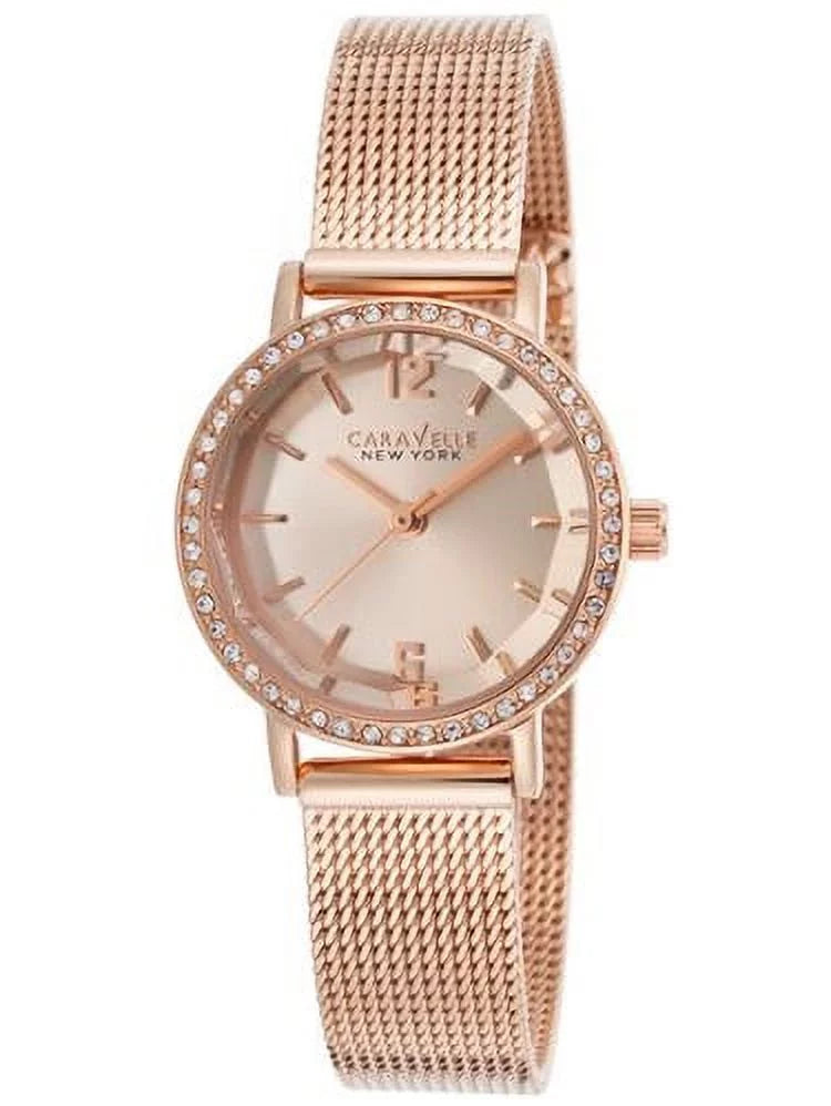 Dial Ny Crystal high quality And Steel Women's Rose-Tone Caravelle Quartz Movement: Accents