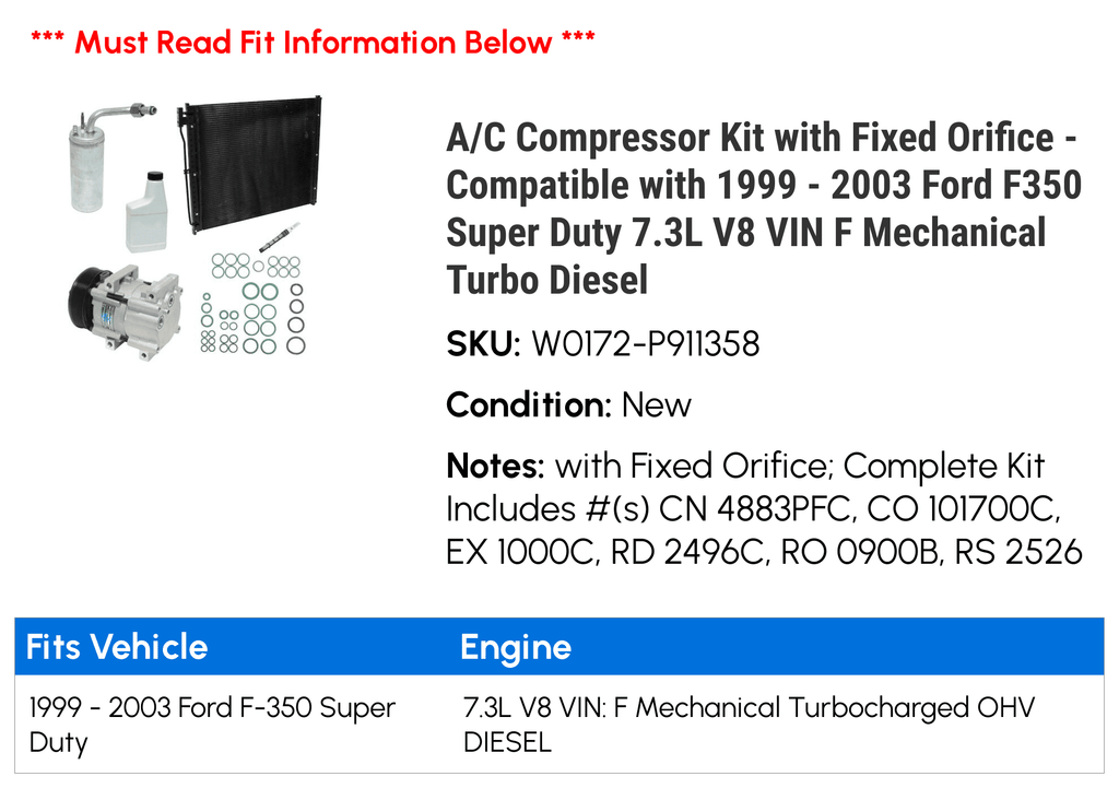 '- Duty Fixed with V8 2001 Compressor Diesel 7.3L A/C Orifice 2002 Turbo special edition VIN Super Ford 2000 Compatible - 1999 with 2003 Kit F350 Mechanical F