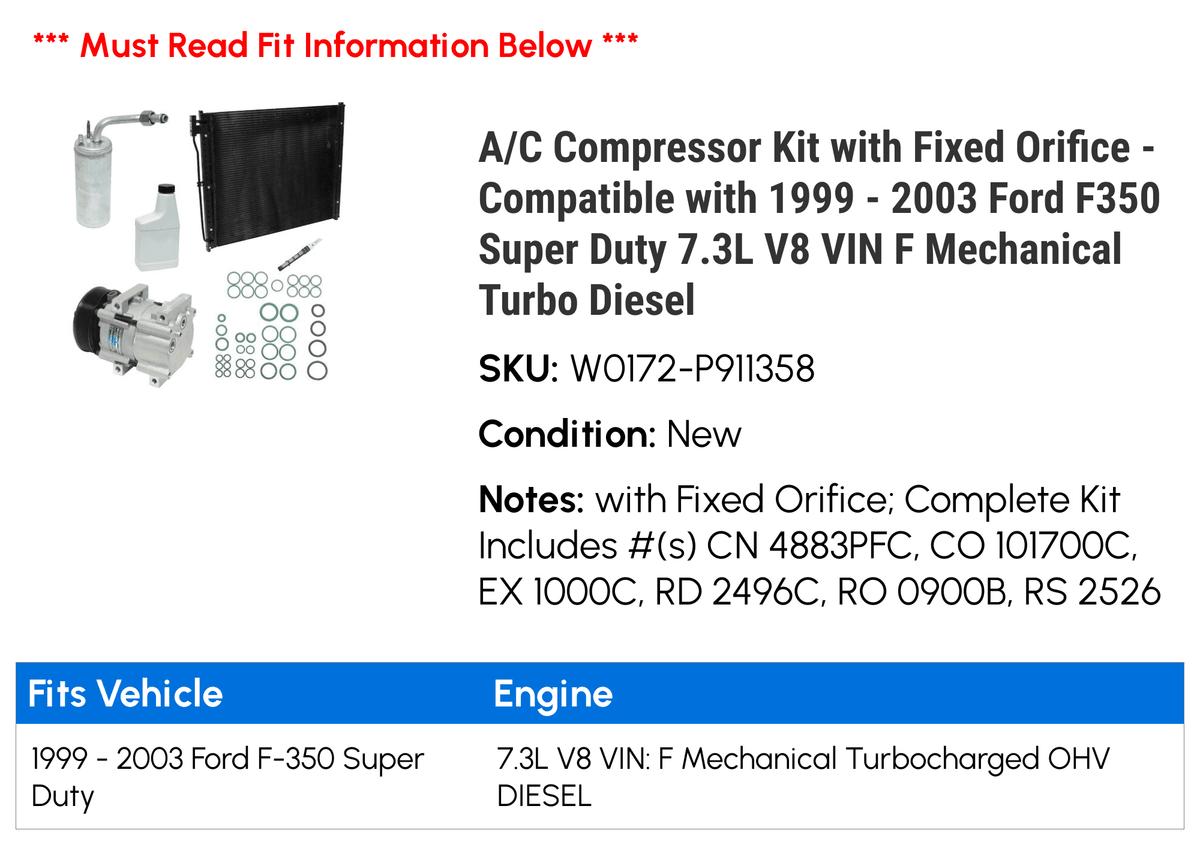 '- Duty Fixed with V8 2001 Compressor Diesel 7.3L A/C Orifice 2002 Turbo special edition VIN Super Ford 2000 Compatible - 1999 with 2003 Kit F350 Mechanical F