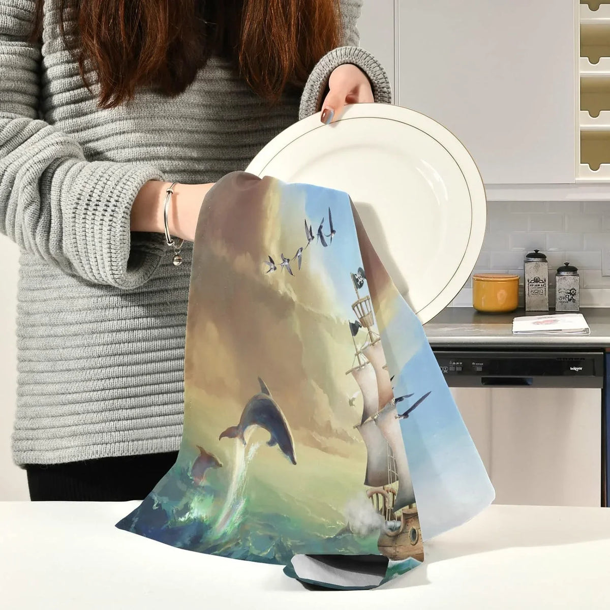 Hanging Kitchen new 6 Towels Loop, 18"x28"Lint-Free Wiping of Absorbent Dolphins Sailboat Jumping Kitchen Cloth Dish Set Towel Summer Ocean with and Tea for Cleaning Drying