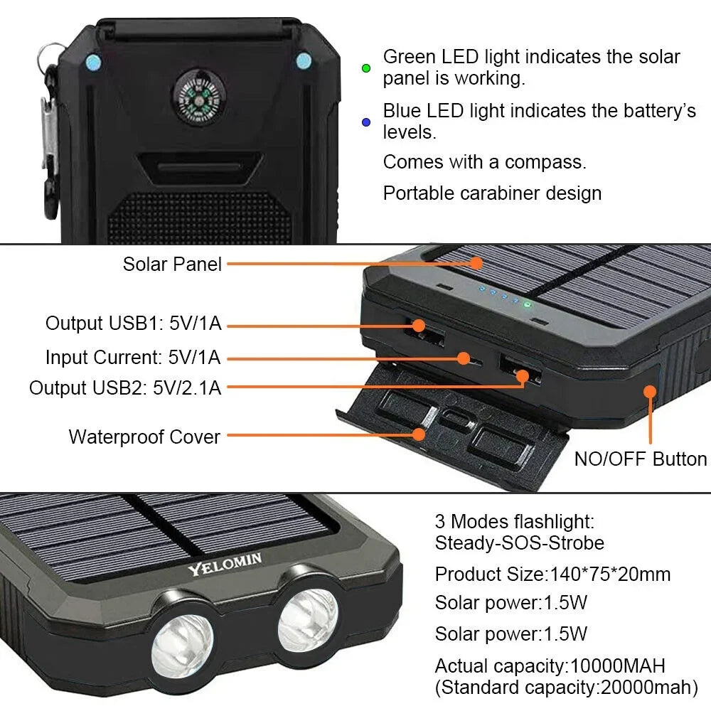US Battery Charger 2023 Solar External Bank 9000000mAh Waterproof Power Portable