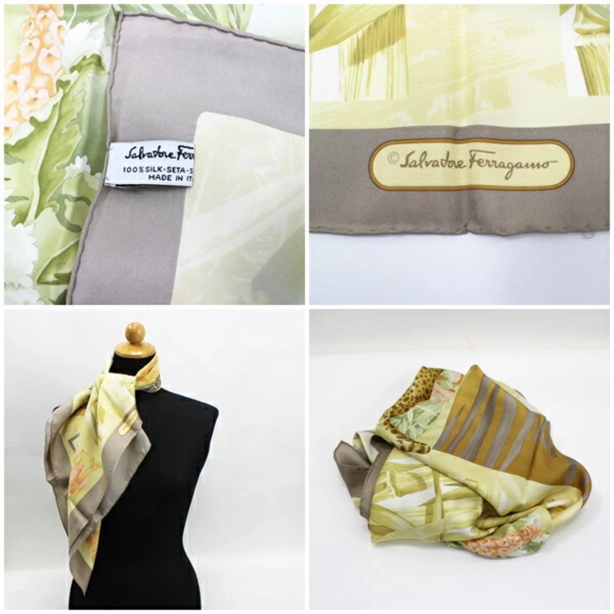 Women's Muffler (Good) Scarf Beige Pattern Ferragamo x Animal Greige SALVATORE Leopard Pre-Owned FERRAGAMO Silk