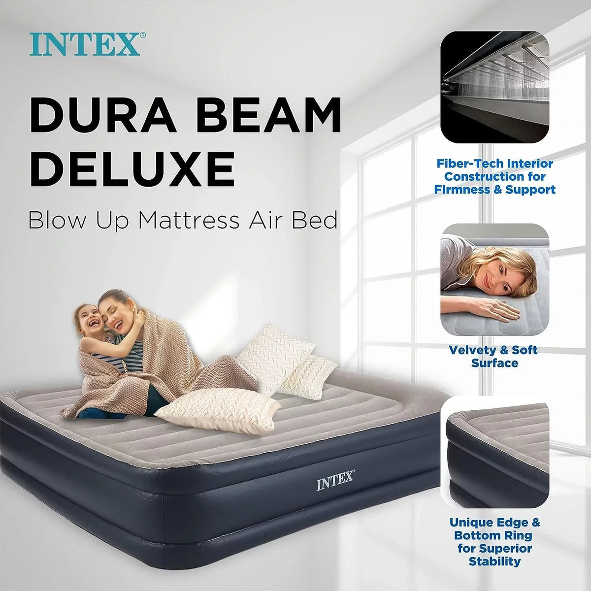 Pump, Air Raised Pillow Mattress King-Sized Air Firm Deluxe Inflatable with Portable Up trendy Internal Built-in Bed Blow