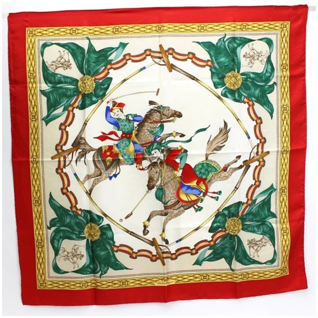 SALVATORE Silk Ferragamo (Good) Ladies Pre-Owned Muffler Red x | FERRAGAMO Scarf Stole Horse Pattern White