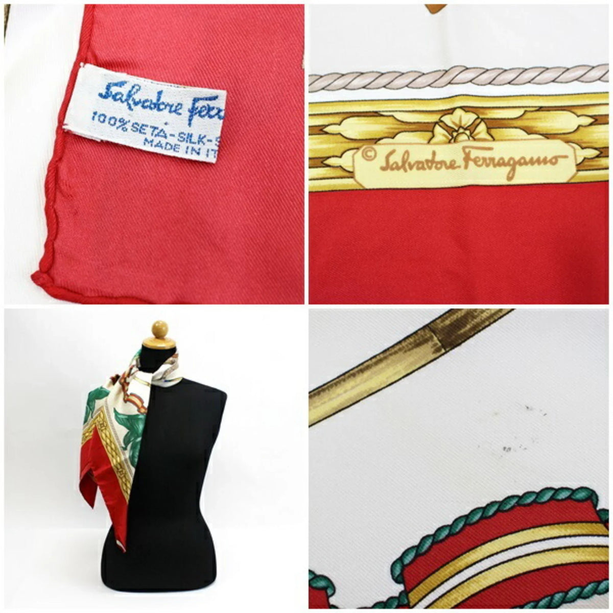 SALVATORE Silk Ferragamo (Good) Ladies Pre-Owned Muffler Red x | FERRAGAMO Scarf Stole Horse Pattern White