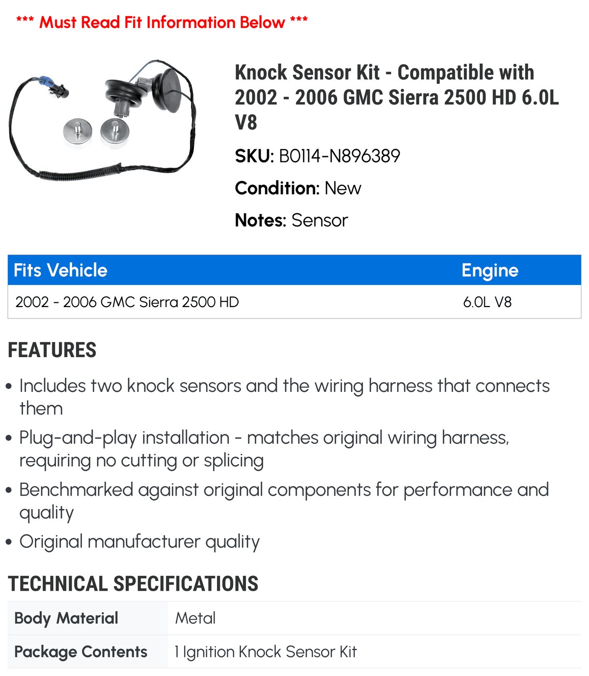 Compatible 2005 2006 GMC Knock 2500 2003 Sensor Sierra V8 2002 HD Kit 2004 - with 6.0L -