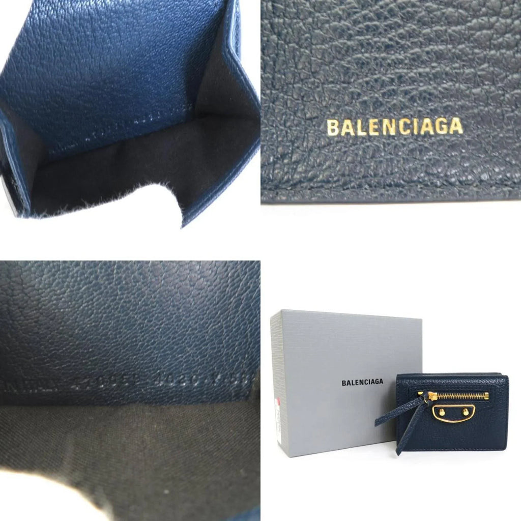 (Good) wallet trifold Pre-Owned navy leather gold mini BALENCIAGA Balenciaga