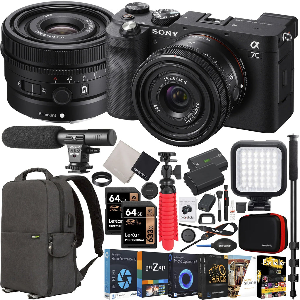 Frame new Mirrorless + FE SEL24F28G with Black Body LED a7C ILCE7C/B Monopod Lens Full Bundle G Case Camera Microphone Compact Accessories with Photography Gear Backpack 24mm + and + Deco F2.8