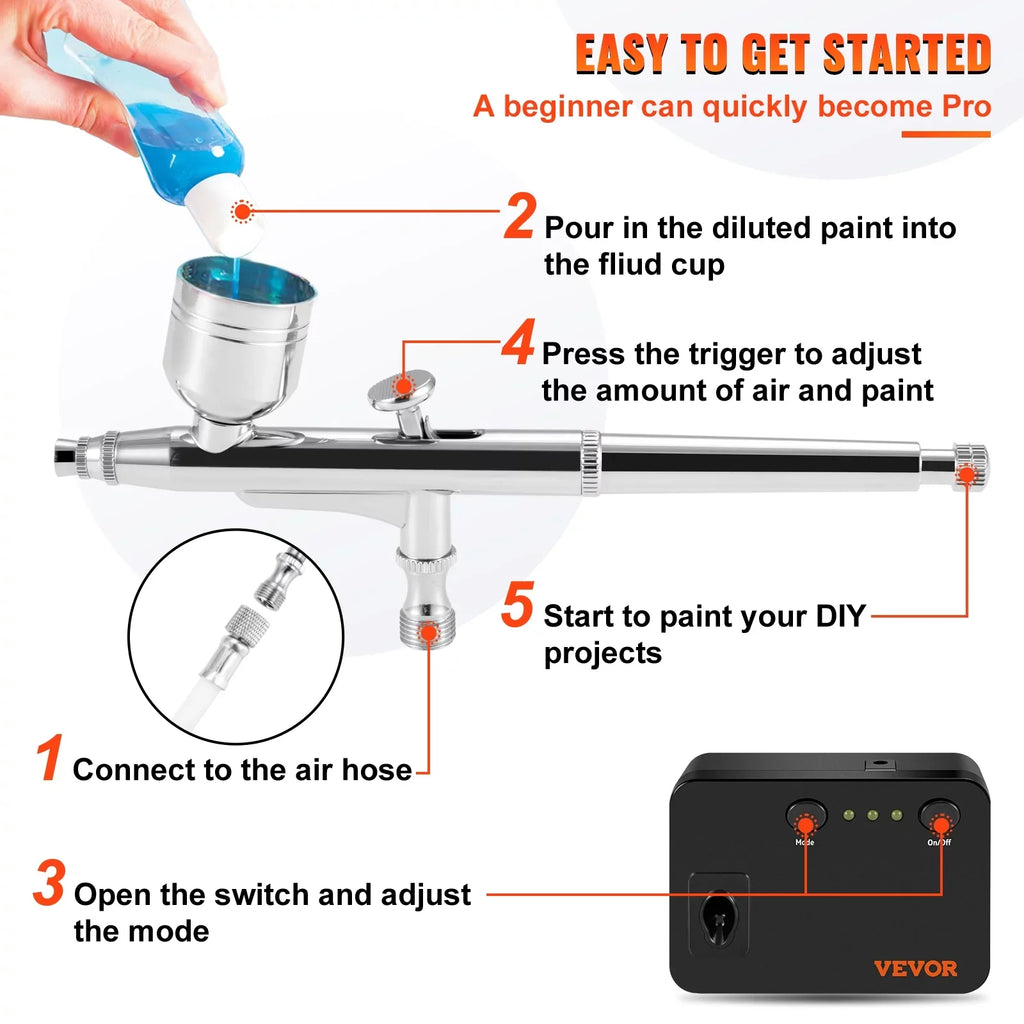 VEVOR Compressor, Makeup Portable w/ Gravity Airbrush Tattoo Kit, Feed System with Multi-purpose Airbrush Airbrushing Art Kit Airbrushes, Nail Dual-action Cookie Set