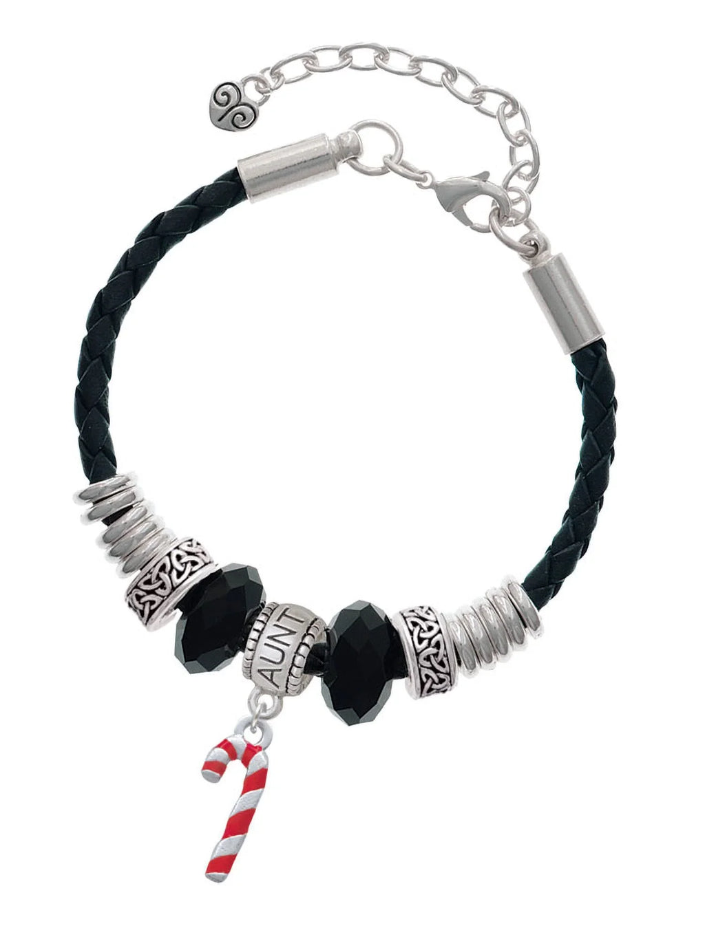 Jewelry Bead 3-D Candy Silvertone Knot Bracelet, Delight Red Aunt Celtic Enamel Leather Cane Extender 7"+2"