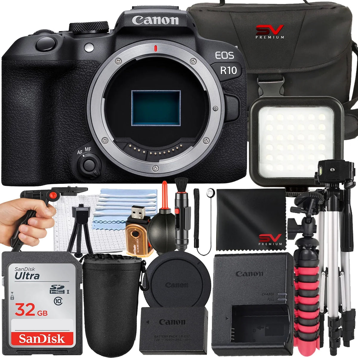 Memory Accessory Bundle Card + Case Only) Camera (Body + Canon Tripod SanDisk SV new Mirrorless R10 with + 32GB Premium EOS