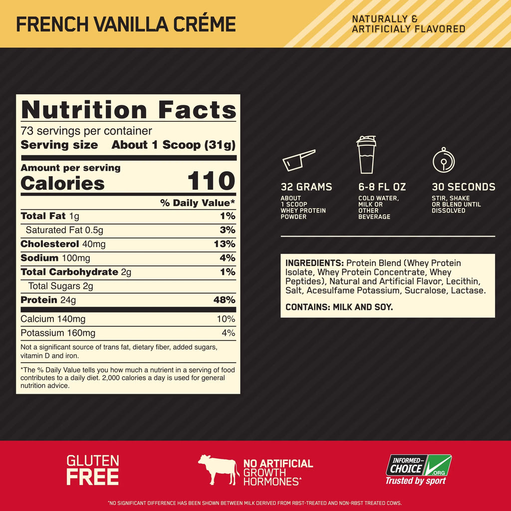 Optimum French Vanilla Standard Nutrition, Powder, lb, 5 Servings Creme, 73 100% Whey Gold Protein