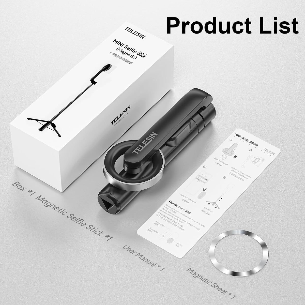 Tripod, Magnetic , classic Control Selfie Stick 27.1 with Rotation Remote TELESIN for inch