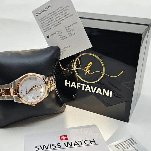 Queen Face Waterproof Made Stainless Lady Quartz Haftavani Diamond Diamonds Genuine Bicolour Marble -100M Gold Silver-Rose - Swiss Steel - With Watch –
