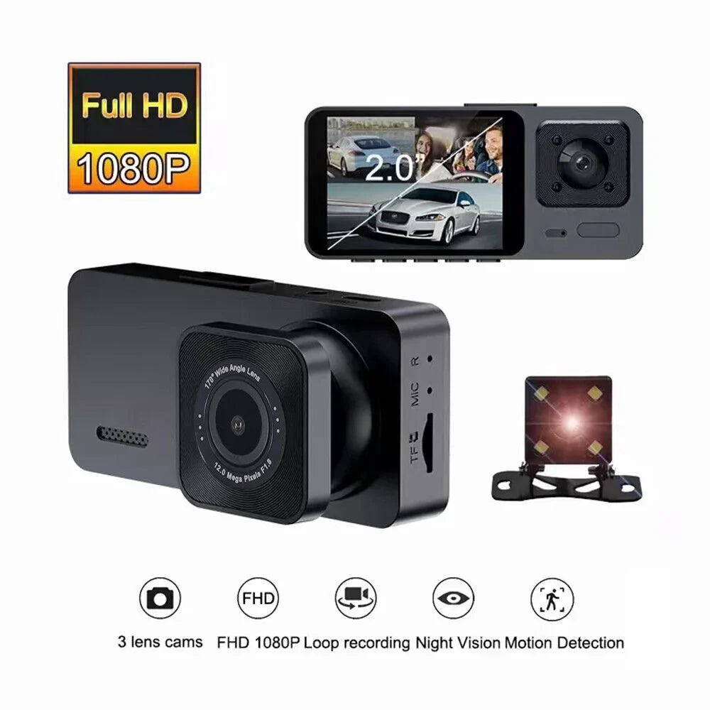 1080P high quality Video Recorder Front/Rear/Inside Lens 3 Cam HD Car Dual G-sensor Dash JLLOM Lens Camera