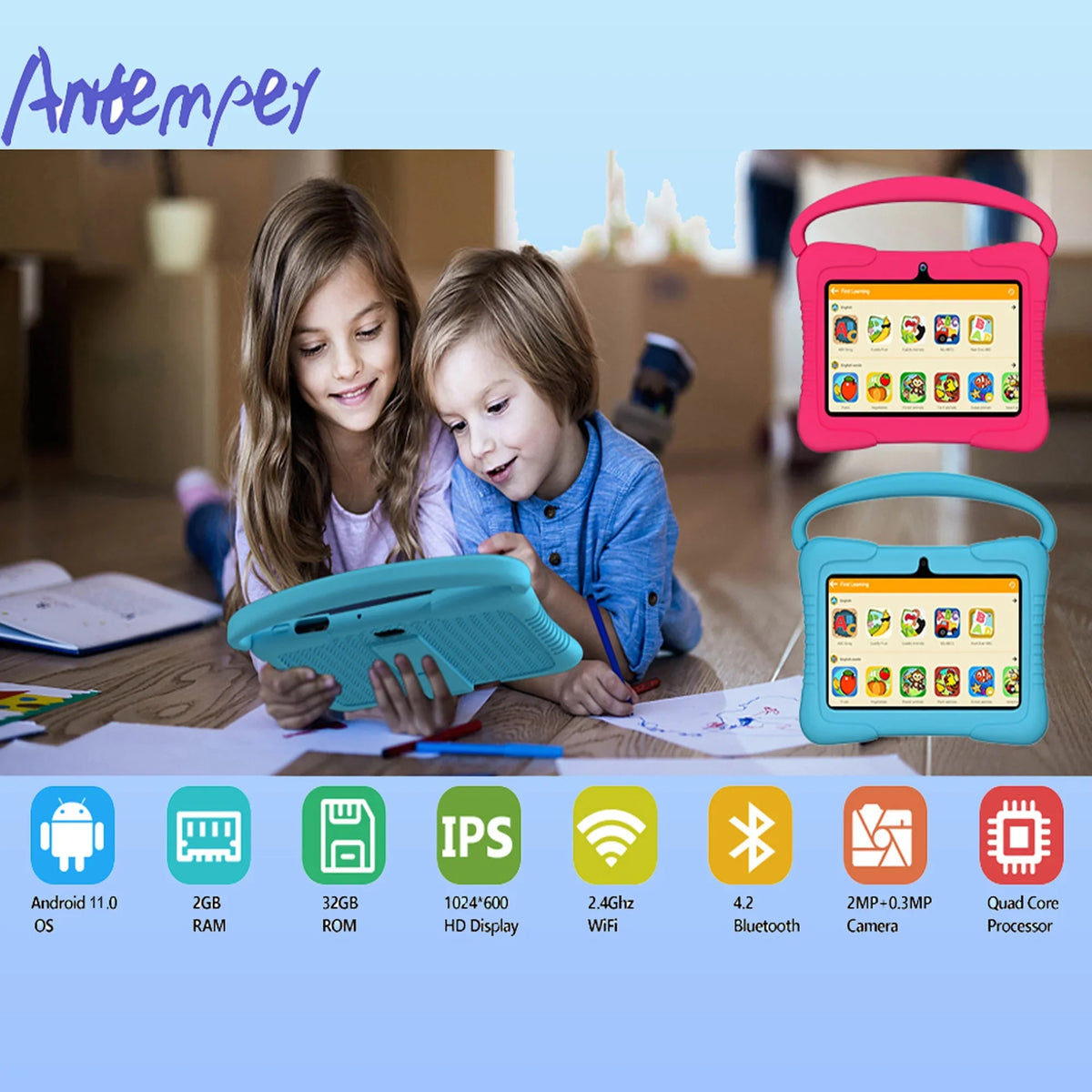 Netflix Learning trendy Hulu,Blue Android Tablet,Toddler Bluetooth,Wifi,Parental Control,Dual Tablet Tablet,32GB Tablet,7 Play,Youtube inch Kids with Camera,Google 11 Antemper ROM Storage,Kids
