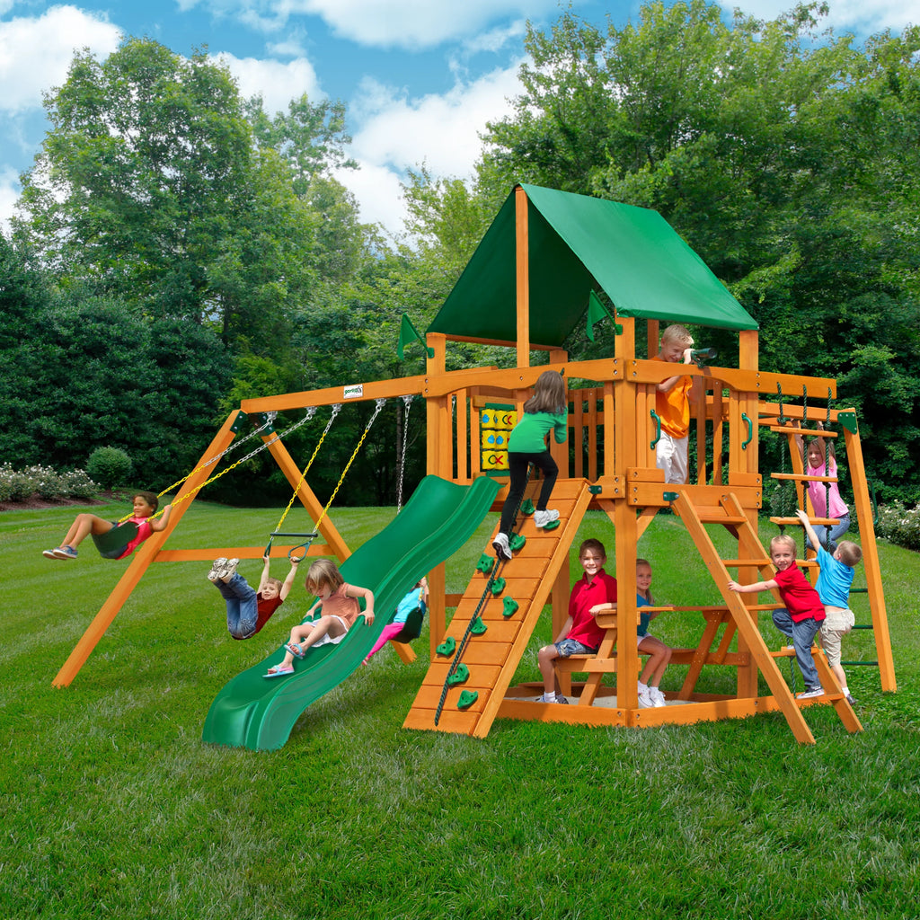 Set Monkey Swing Vinyl and Navigator Climbing Wooden Bars, with Canopy, Rock Wall Green Playsets Gorilla