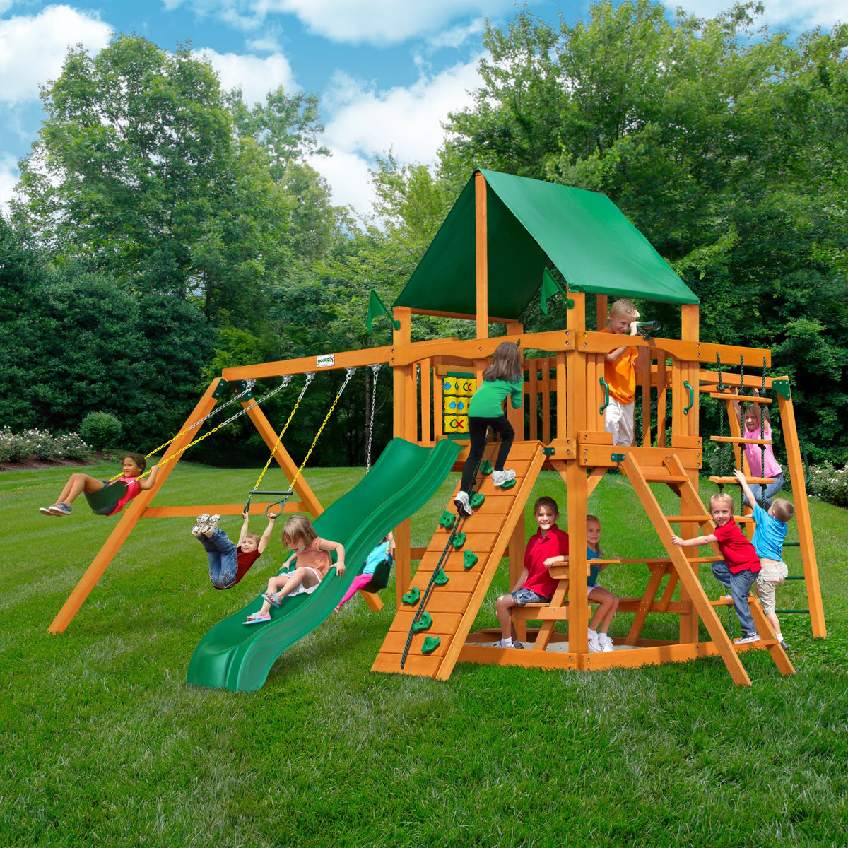 Set Monkey Swing Vinyl and Navigator Climbing Wooden Bars, with Canopy, Rock Wall Green Playsets Gorilla