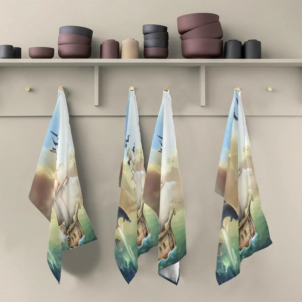 Hanging Kitchen new 6 Towels Loop, 18"x28"Lint-Free Wiping of Absorbent Dolphins Sailboat Jumping Kitchen Cloth Dish Set Towel Summer Ocean with and Tea for Cleaning Drying