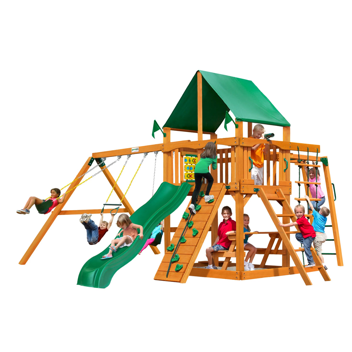 Set Monkey Swing Vinyl and Navigator Climbing Wooden Bars, with Canopy, Rock Wall Green Playsets Gorilla