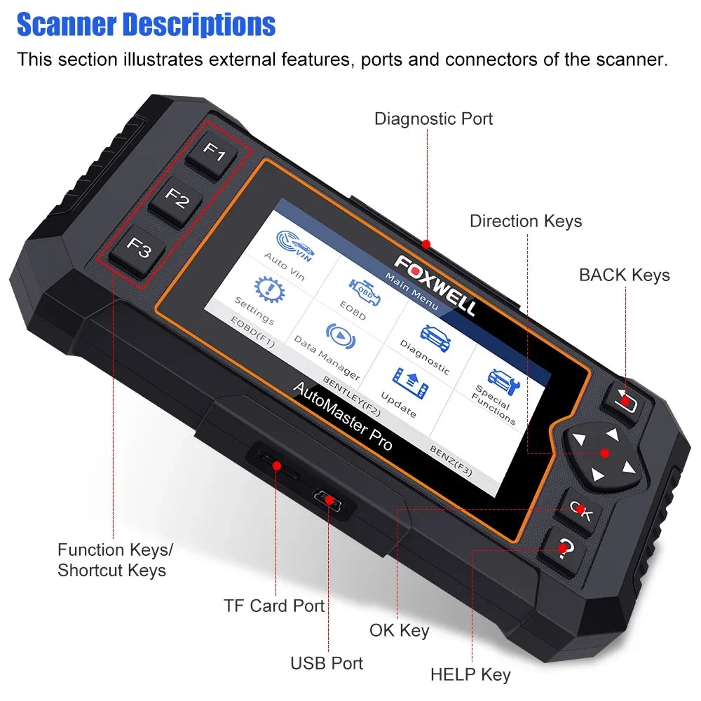 OBDII Scanner Coding AutoVIN ABS Reset EPB Foxwell Reset Car BMS NT624 Reader OBD2 8 Elite System Injector DPF SAS Tool Diagnostic All Bleeding Scan Calibration Automotive Scanner Code Oil Throttle