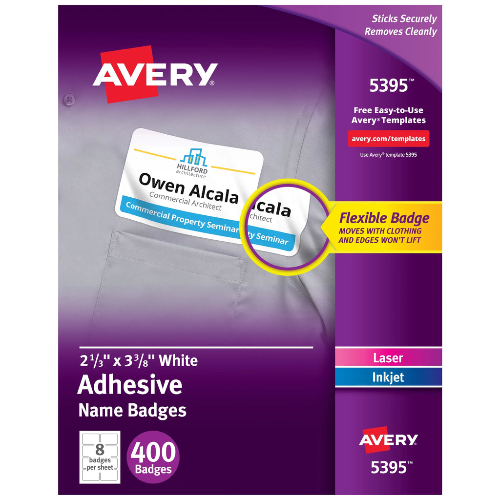 Flexible (05395) 2-1/3" Tags, Name White, Printable 3-3/8", 400 special edition Removable Name Matte Badges Avery x