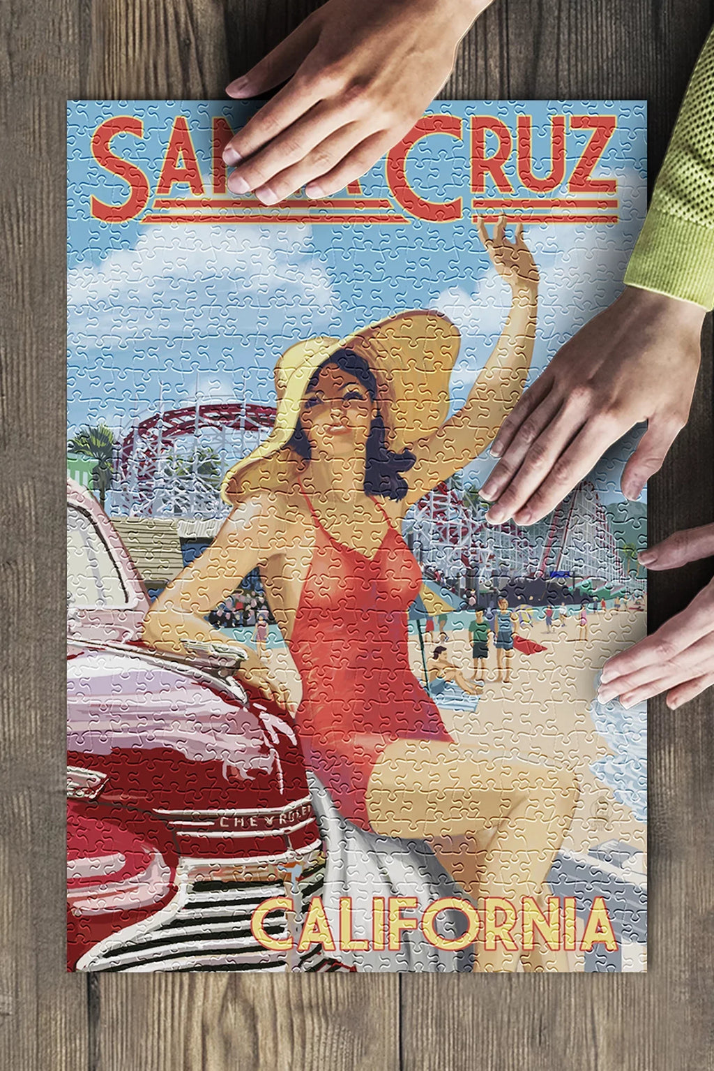 Jigsaw Adults 500 Woman Rides Santa Cruz, Premium in and USA) inches, Piece for California, and Made Family, (19x27 Waving Puzzle