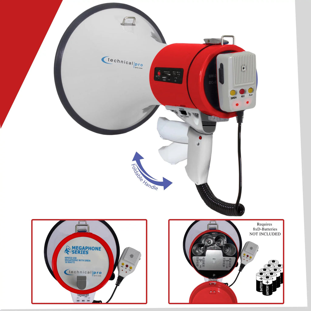 for Megaphone w/ Bullhorn Rechargeable 50-Watt Siren Microphone Detachable w/ Battery Speaker and classic Pro Technical Portable