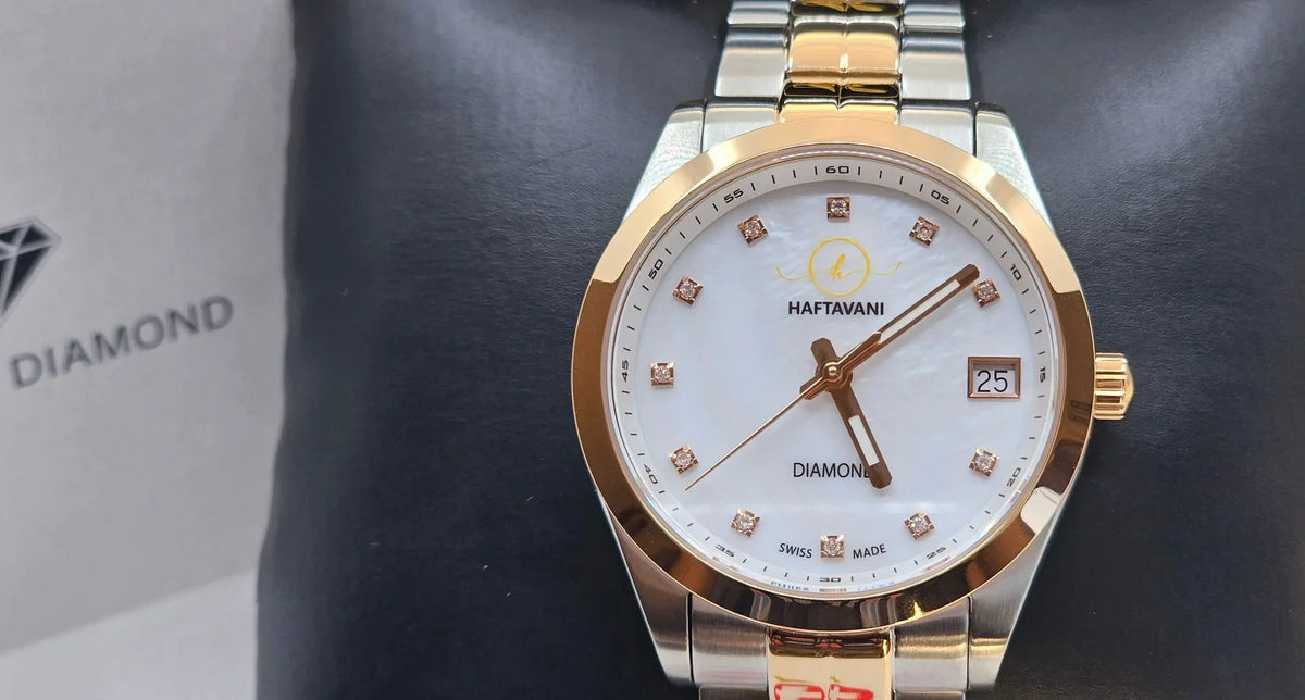 Queen Face Waterproof Made Stainless Lady Quartz Haftavani Diamond Diamonds Genuine Bicolour Marble -100M Gold Silver-Rose - Swiss Steel - With Watch –