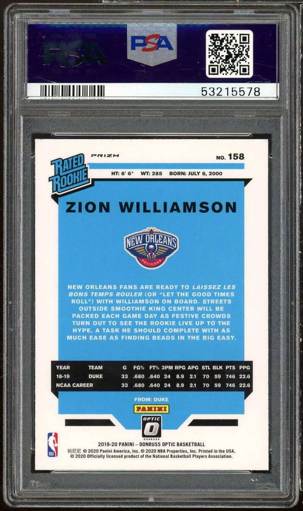 Zion Donruss 2019-20 9 Optic PSA #158 Panini Purple Card Williamson Rookie Shock