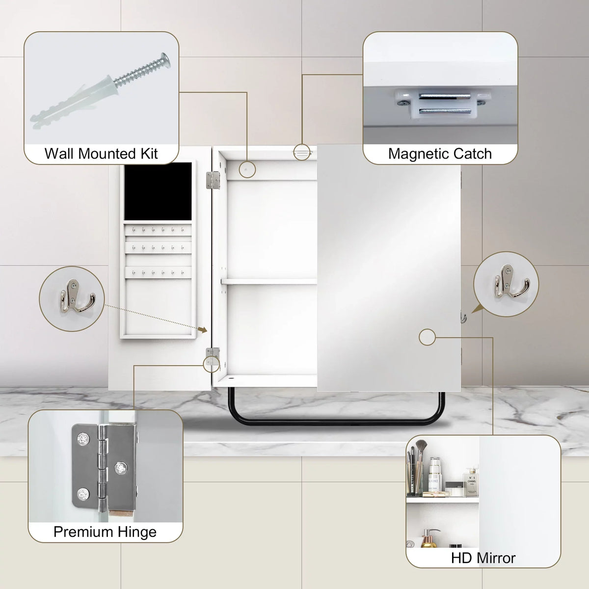 Mirror Cabinet Bathroom, high quality Jewelry for Cabinet 2-Tiers Mirror, with Wall HLR Square Mounted