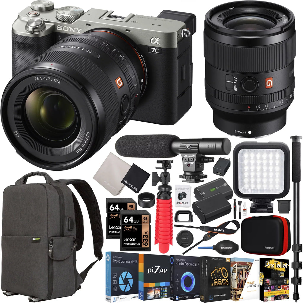 Case LED Body ILCE7C/S Gear with + 35mm Accessories a7C G Microphone Frame Bundle + F1.4 Camera GM + Photography and FE Monopod Mirrorless Backpack Lens Silver Master + Deco Full SEL35F14GM