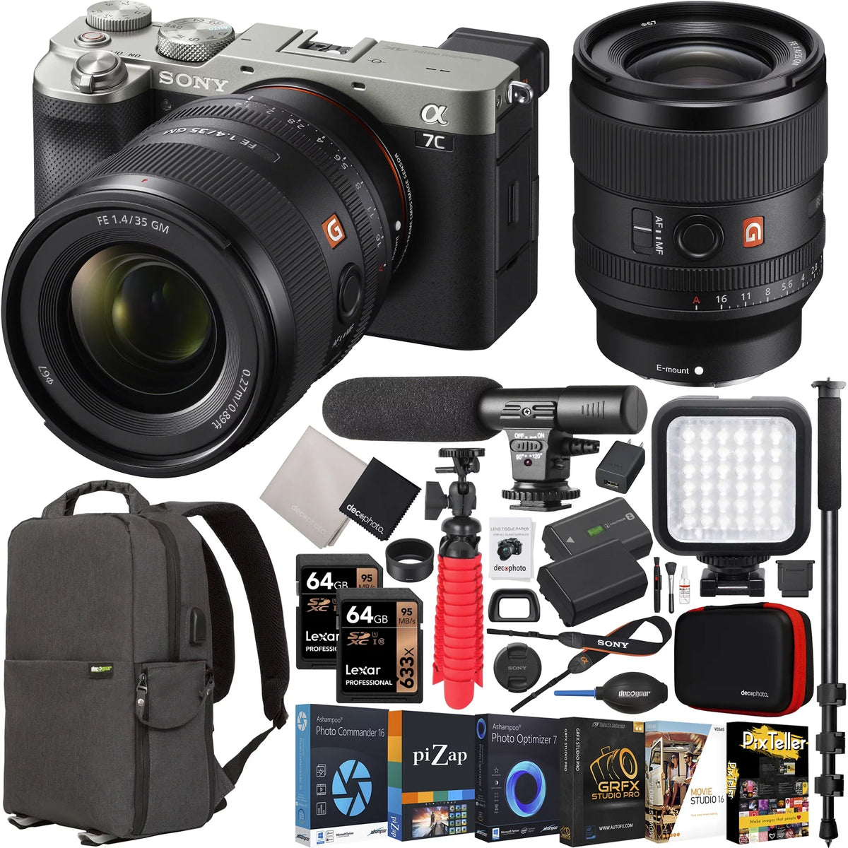 Case LED Body ILCE7C/S Gear with + 35mm Accessories a7C G Microphone Frame Bundle + F1.4 Camera GM + Photography and FE Monopod Mirrorless Backpack Lens Silver Master + Deco Full SEL35F14GM