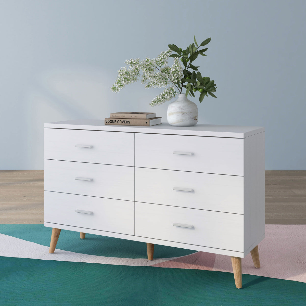 Modern Wide Denhour Dresser Bar White Pulls 6-Drawer high quality 47-inch Mid-Century DH BASIC with by