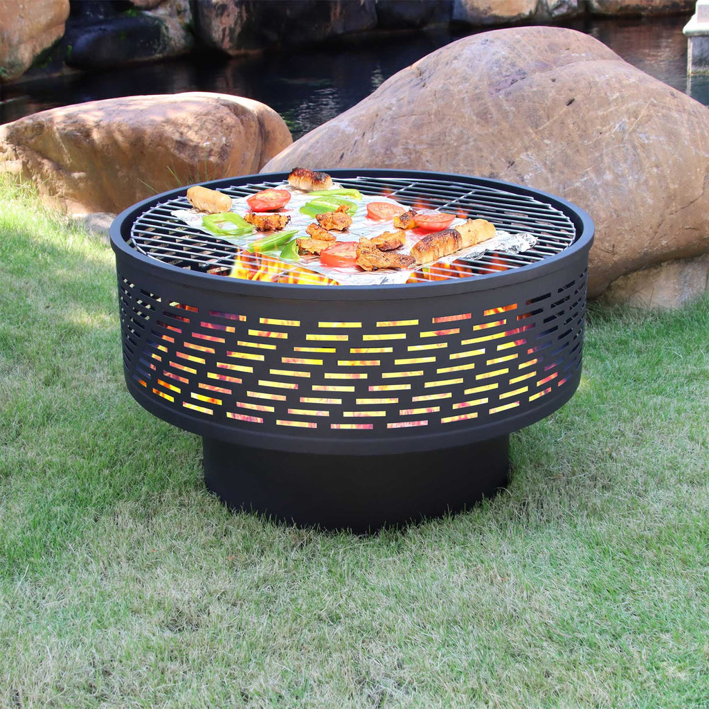 functions fire inch dining barbecue, table, featuring table outdoor 26 with and pit grill campfire and portable lid,