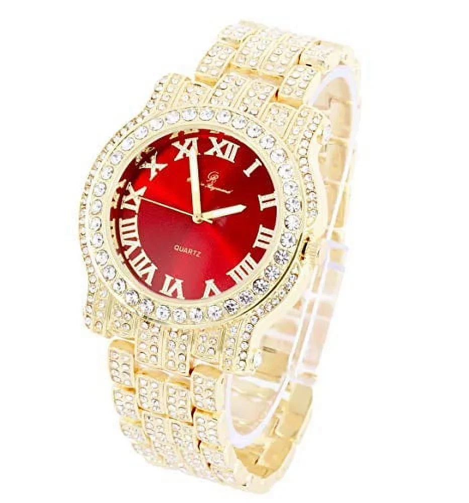 Out Blood Bling-ed Link Gold w/Bling-ed Gold L0504RNB Bracelet ZZ - Luxury ZZ Out Mens Round Red Design Watch