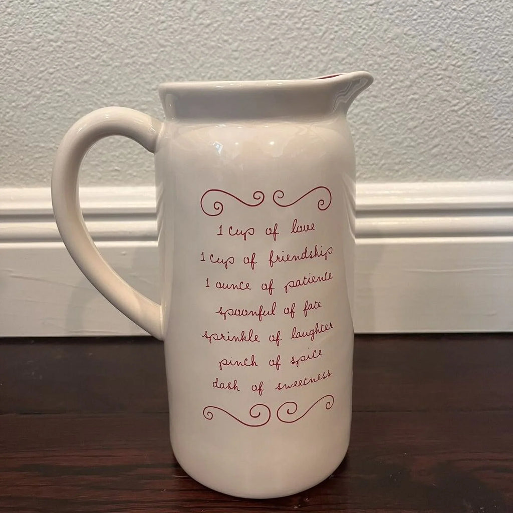 love Dunn Pitcher Reverse with side Red LL Ceramic Rae H Letters Ivory Day POTION has Double-sided LOVE Valentine's recipe for 9"
