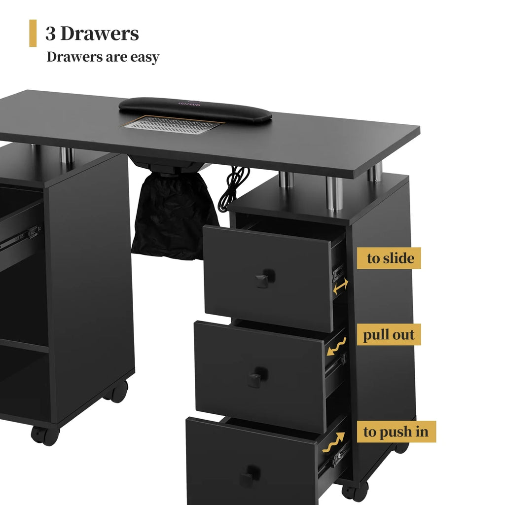 for & Wheels Resistant & w/ Nail Nail Dust LUXMARS Technician, Collector Black Nail Cushion, Desk Drawers Manicure Cabinet Electric Rest - Wrist Table Table w/Lockable Acetone Station new Table &