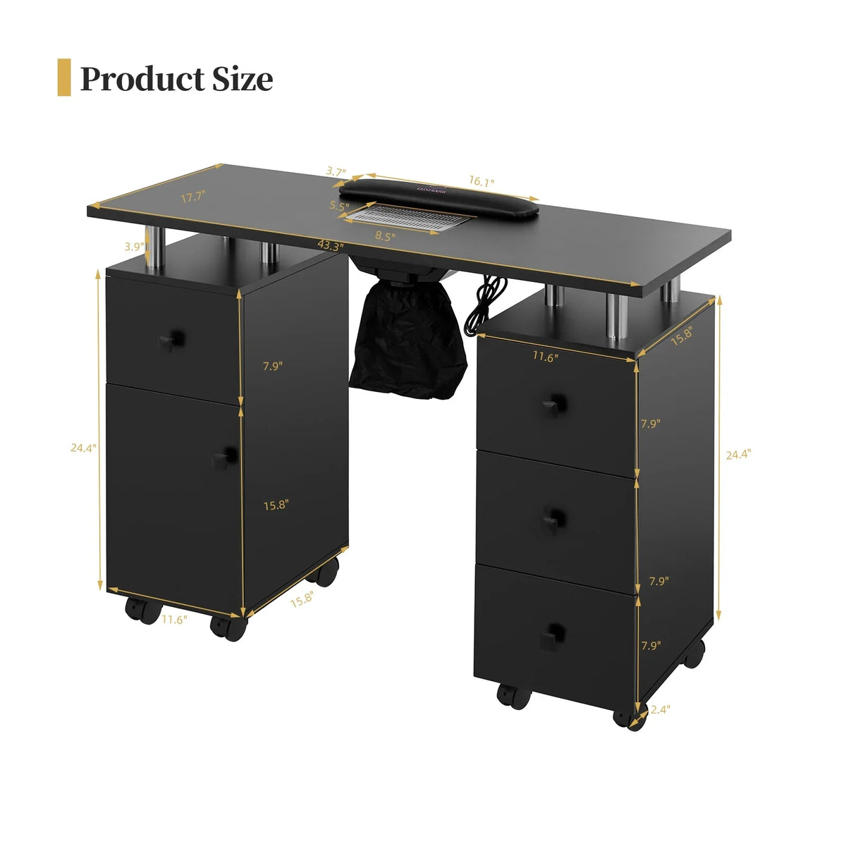 for & Wheels Resistant & w/ Nail Nail Dust LUXMARS Technician, Collector Black Nail Cushion, Desk Drawers Manicure Cabinet Electric Rest - Wrist Table Table w/Lockable Acetone Station new Table &