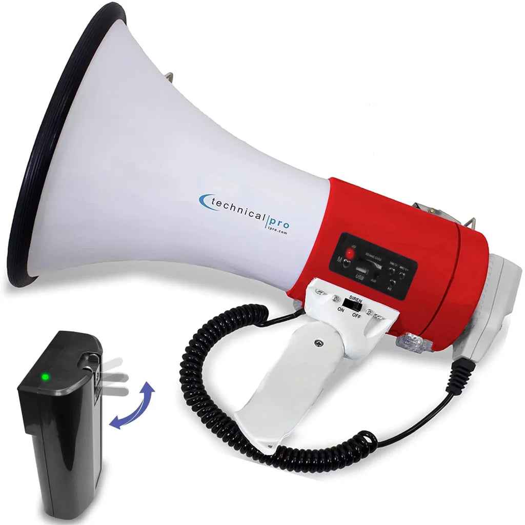 for Megaphone w/ Bullhorn Rechargeable 50-Watt Siren Microphone Detachable w/ Battery Speaker and classic Pro Technical Portable