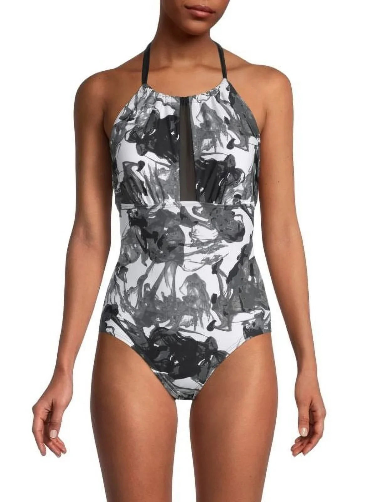 Klein Calvin One-Piece Halter SMOKE BLACK MULTI INK 16 US high quality Swimsuit, High-Neck