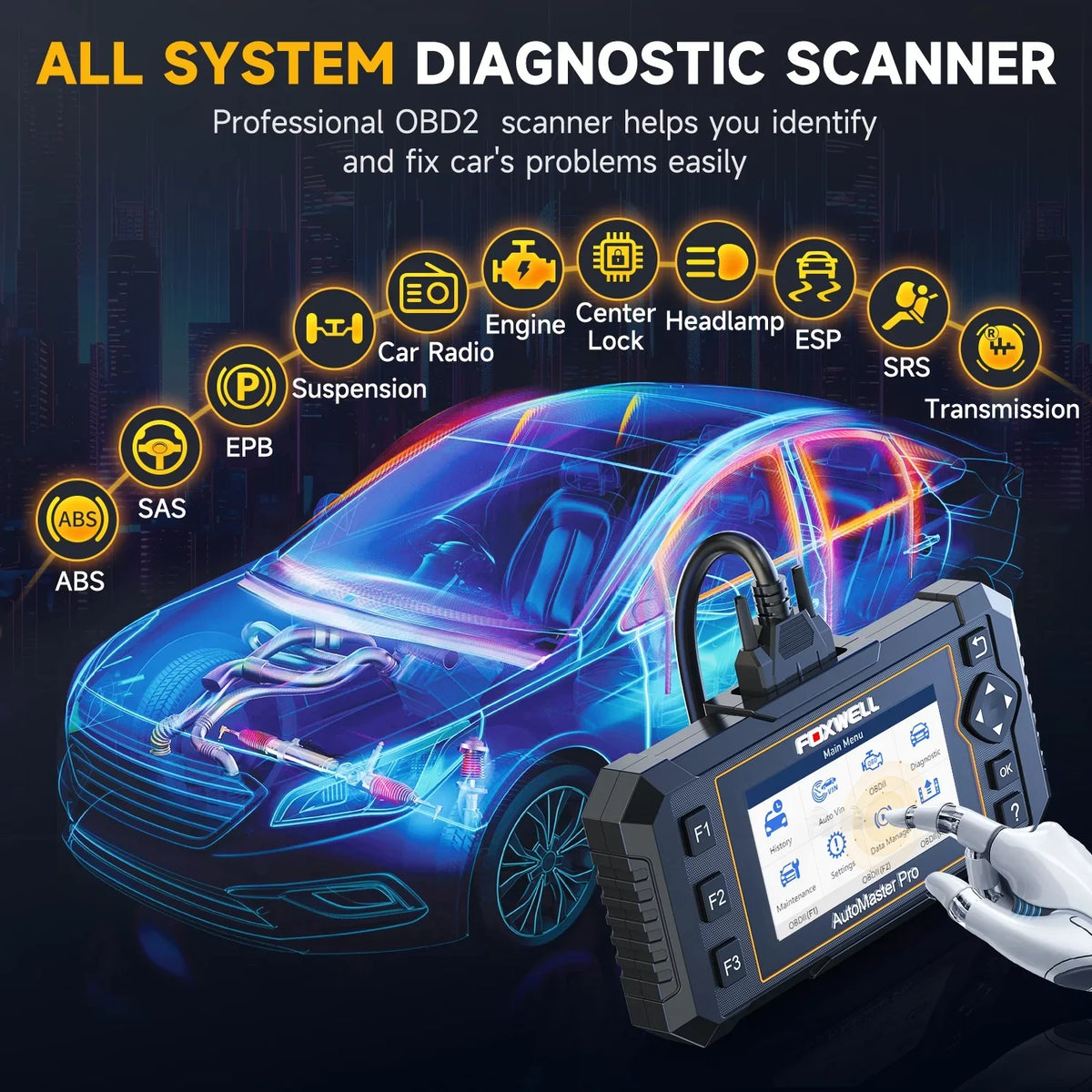 OBDII Scanner Coding AutoVIN ABS Reset EPB Foxwell Reset Car BMS NT624 Reader OBD2 8 Elite System Injector DPF SAS Tool Diagnostic All Bleeding Scan Calibration Automotive Scanner Code Oil Throttle